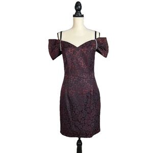 Roberta 90’s Dress Off Shoulder Red Black Floral Brocade Prom Party CHERRY